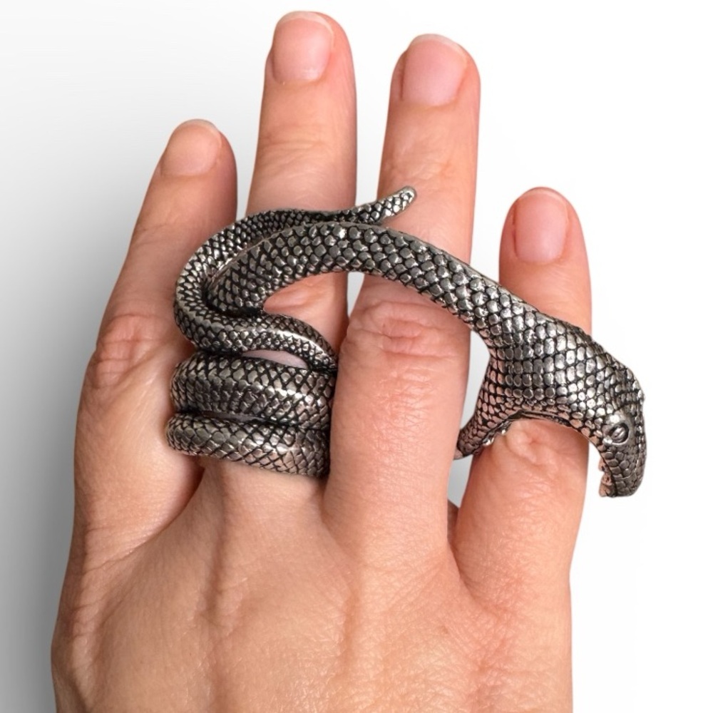 Alchemy Gothic Adder Bite Snake Ring Serpent Embrace Mythical Silver Tone